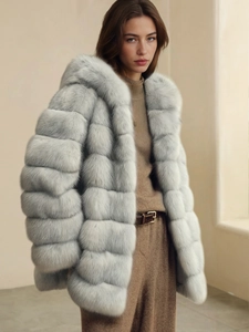 Light gray hooded faux fox fur coat with layered horizontal stitching and long sleeves