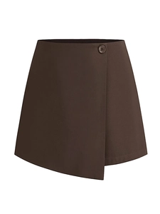 Women's asymmetrical high waist A-line skort in deep coffee brown with button detail