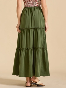 Olive green tiered maxi skirt with high elastic waist and back view model shot