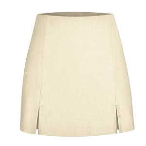 Detailed view of high-waist A-line skirt with symmetric side slits in cream white