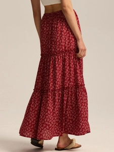 Red floral tiered maxi skirt with high elastic waist and adjustable drawstring ties