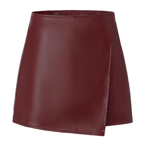 Macro detail of wine red PU leather skirt with high waist zipper and smooth texture