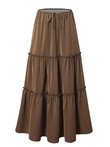 Deep coffee brown high-waisted tiered maxi skirt with elastic drawstring and ruffle trim