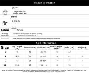 Tableau des tailles pour ensemble lingerie en dentelle avec mesures pour S M L XL