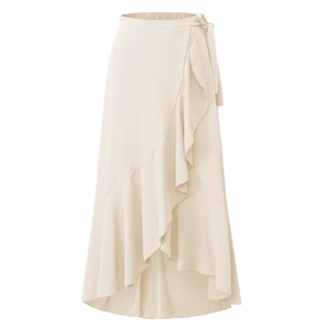Detailed view of cream ruffled high waist wrap skirt with side tie and irregular hem