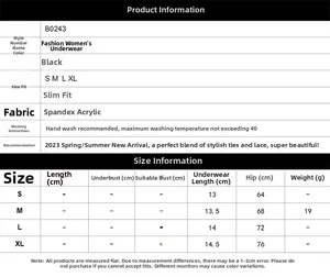 Tableau des tailles pour culottes en dentelle montrant les dimensions S à XL et matériaux