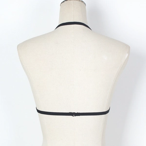 Detailed back view of black elastic lace lingerie with adjustable crisscross straps