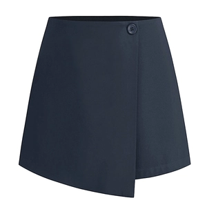 Detail of high waist navy blue wrap skort with asymmetrical hem and button closure