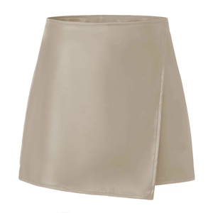 Close-up detail of high-waist khaki PU leather wrap mini skirt with smooth faux leather texture