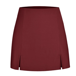 Detailed close-up of side slits and stitching on this dark red high-waisted mini skirt