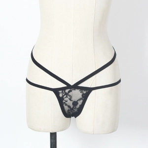 String sexy en dentelle noire pour femme avec motifs floraux et taille à double sangle