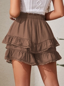 Coffee brown tiered ruffle mini skirt with lace trim and elastic high waistband