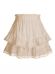 Cream tiered skirt with elastic high waist and hollowed-out lace embroidery details