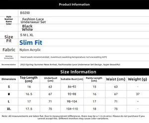 Size chart for lace lingerie set including top and bottom measurements in cm and grams