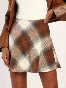 Brown and white checkered A-line mini skirt for women in wool blend tweed style
