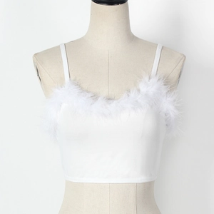 Detailed view of white slim camisole top with faux fur feather trim along the neckline
