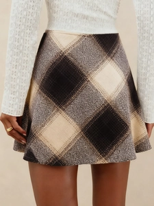High waist plaid A-line woolen skirt with vintage brown diamond pattern and zipper