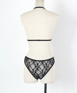Vue arrière d'un ensemble de lingerie en dentelle noire avec motifs floraux et licou