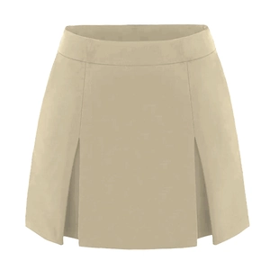 Detail view of khaki high-waisted pleated A-line skirt with symmetrical fold design