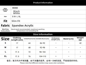 Detailed size guide table for women's slim fit sports bralette style B0260 in black and white