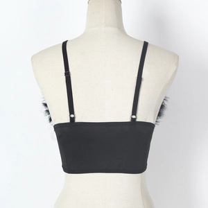 Back view of a black lace crop top featuring adjustable straps and fluffy feather trim