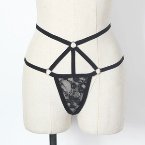 Chic black lace panties for women featuring multi-strap cross design and silver metal rings
