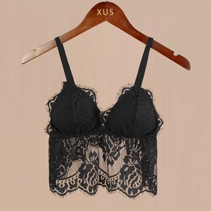 Bralette de encaje negro con ribete de pestañas y tirantes finos para mujer moderno