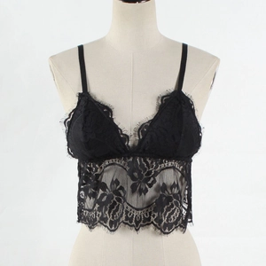 Detailed close-up of intricate black floral lace pattern and eyelash trim on camisole