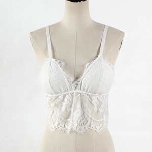 Detailed view of white lace camisole with delicate eyelash lace trim and floral patterns