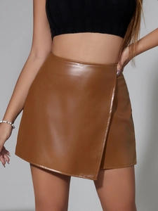 Women High Waisted PU Leather Wrap Skort Asymmetric Irregular Mini Skirt For Sexy Party Clubwear Bottoms