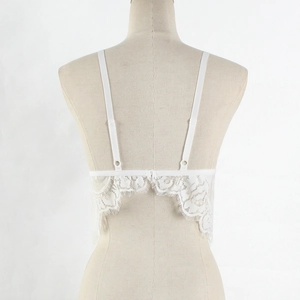Detailed back view of white lace bralette with adjustable straps on a mannequin