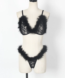 Close-up of sexy black lace lingerie set with feather trim and sheer mesh details