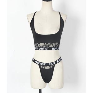 Ensemble de lingerie sexy en dentelle noire avec bande élastique lettrée HOT ARTIST