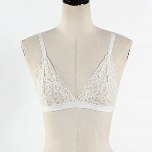 Detailed view of white lace bralette featuring delicate floral embroidery and triangle cups
