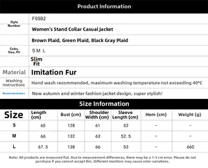 Detailed size chart for women's faux fur jacket showing S, M, and L measurements in cm
