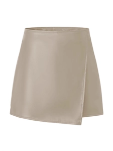 High waist khaki PU leather wrap mini skirt with asymmetrical design and zipper