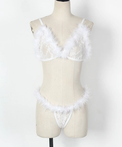 Close-up of white lace mesh fabric with fluffy feather trim on lingerie set detail