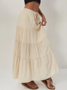 Jupe longue à volants en coton pour femme avec taille élastique à cordon en couleur beige
