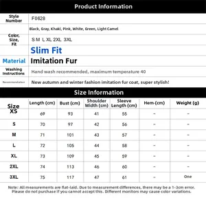 Detailed size chart for faux fur coat F0628 with measurements for XS to 3XL sizes