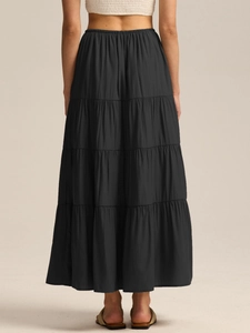 Jupe longue noire en coton à taille haute pour femme avec volants étagés et taille élastique