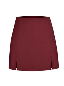 High-waisted wine red mini skirt with double front slits and zipper closure