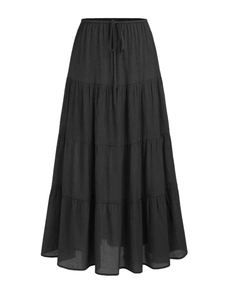 Jupe longue noire à plusieurs niveaux avec taille haute élastique et cordon de serrage