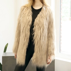 Elegant Faux Fur Coat Women Mid-Length V-Neck Long Sleeve Warm Plush Solid Color Loose Outerwear Winter Commuter Jacket