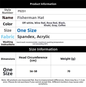 Tabella taglie cappello pescatore peluche, circonferenza 56-58cm e dati materiali