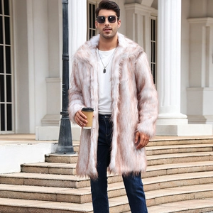Men's luxury faux fur long coat in gradient white and brown for winter street style fashion