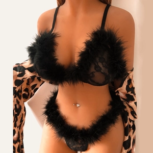 Women Sexy Lace Faux Feather Lingerie Set Top And Bottom Floral Nylon Intimates Slim Fit Nightwear Pajamas Underwear