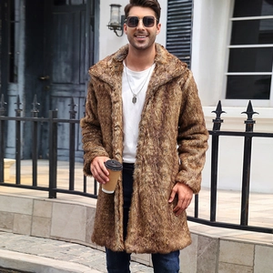 Detail of premium brown faux fur coat with thick texture and wide lapels for winter style