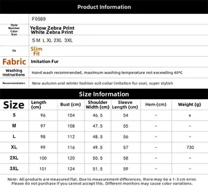 Detailed size chart for zebra print faux fur coat showing measurements from S to 3XL