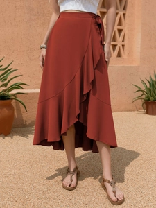 Women Casual Ruffle Wrap Midi Skirt High Waist Tie Side Elastic Back Polyester Solid Color Summer Vacation Elegant Skirt
