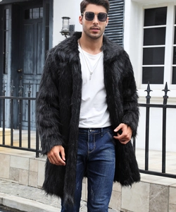 Close-up of the high-quality faux fur texture on a long black coat for men